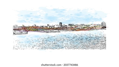 La construcción de la vista con el punto de referencia de Halifax es el municipio
ciudad de Canadá. Salto de color de agua con ilustración de esbozo dibujada a mano en vector.