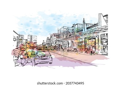 Building view with landmark of Halifax is the municipality
city in Canada. Watercolor splash with hand drawn sketch illustration in vector.