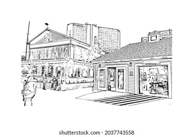 Die Gemeinde Halifax ist mit der Aussicht auf das Gebäude ausgestattet
Stadt in Kanada. Handgezeichnete Skizzengrafik in Vektorgrafik.