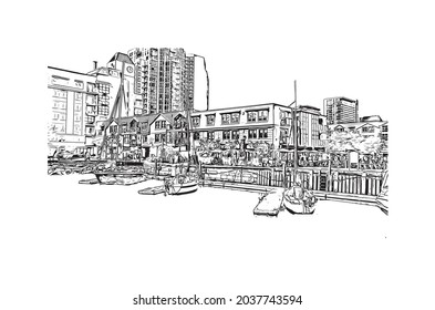 La construcción de la vista con el punto de referencia de Halifax es el municipio
ciudad de Canadá. Dibujo a mano de ilustración de esbozo en vector.