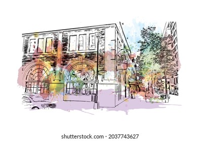 Building view with landmark of Halifax is the municipality
city in Canada. Watercolor splash with hand drawn sketch illustration in vector.