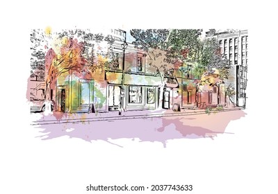 La construcción de la vista con el punto de referencia de Halifax es el municipio
ciudad de Canadá. Salto de color de agua con ilustración de esbozo dibujada a mano en vector.