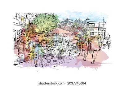 Building view with landmark of Halifax is the municipality
city in Canada. Watercolor splash with hand drawn sketch illustration in vector.