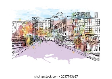 La construcción de la vista con el punto de referencia de Halifax es el municipio
ciudad de Canadá. Salto de color de agua con ilustración de esbozo dibujada a mano en vector.