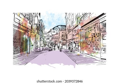 Building view with landmark of Halle is a city in central Germany. Watercolor splash with hand drawn sketch illustration in vector.