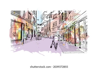 Building view with landmark of Halle is a city in central Germany. Watercolor splash with hand drawn sketch illustration in vector.