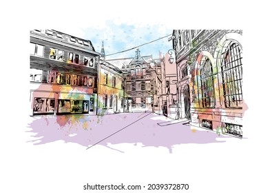 Building view with landmark of Halle is a city in central Germany. Watercolor splash with hand drawn sketch illustration in vector.