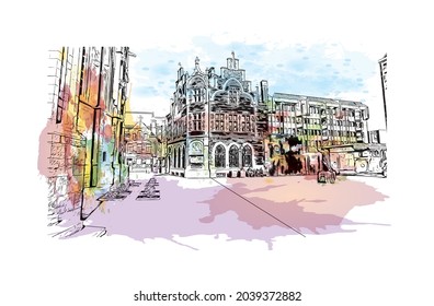 Building view with landmark of Halle is a city in central Germany. Watercolor splash with hand drawn sketch illustration in vector.