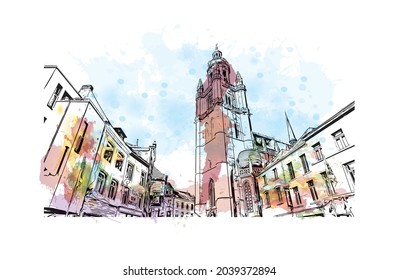 Building view with landmark of Halle is a city in central Germany. Watercolor splash with hand drawn sketch illustration in vector.
