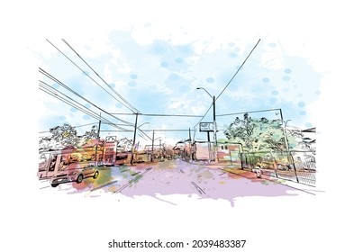 Building view with landmark of Hamilton is the 
capital of Bermuda. Watercolor splash with hand drawn sketch illustration in vector.