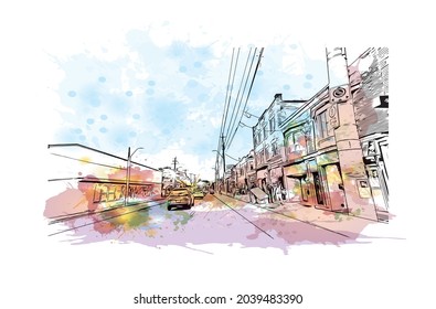 Building view with landmark of Hamilton is the 
capital of Bermuda. Watercolor splash with hand drawn sketch illustration in vector.