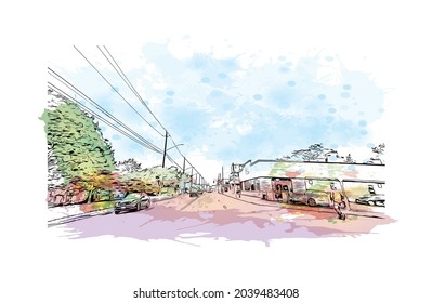 Building view with landmark of Hamilton is the 
capital of Bermuda. Watercolor splash with hand drawn sketch illustration in vector.