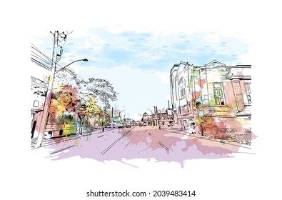 Building view with landmark of Hamilton is the 
capital of Bermuda. Watercolor splash with hand drawn sketch illustration in vector.