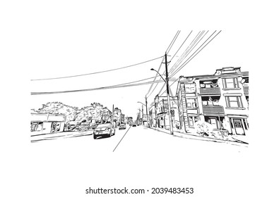 Building view with landmark of Hamilton is the 
capital of Bermuda. Hand drawn sketch illustration in vector.
