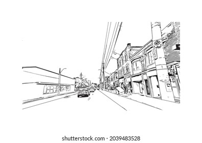 Building view with landmark of Hamilton is the 
capital of Bermuda. Hand drawn sketch illustration in vector.