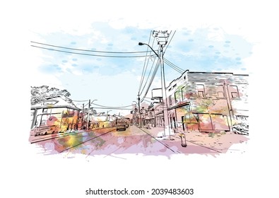 Building view with landmark of Hamilton is the 
capital of Bermuda. Watercolor splash with hand drawn sketch illustration in vector.