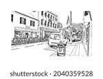 Building view with landmark of Hamilton is the 
city in Canada. Hand drawn sketch illustration in vector.
