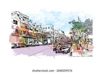 Building view with landmark of Hamilton is the 
city in Canada. Watercolor splash with hand drawn sketch illustration in vector.