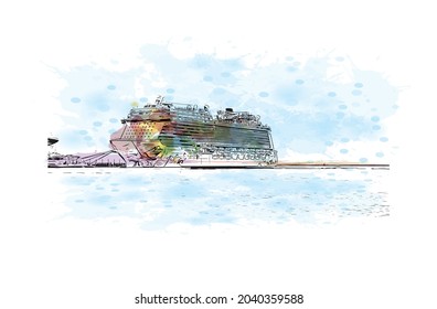 Building view with landmark of Hamilton is the 
city in Canada. Watercolor splash with hand drawn sketch illustration in vector.