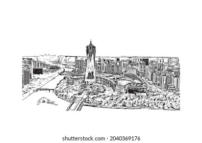 Building view with landmark of Hangzhou is the 
city in China. Hand drawn sketch illustration in vector.