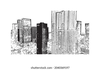 Building view with landmark of Hangzhou is the 
city in China. Hand drawn sketch illustration in vector.