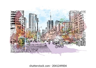 Building view with landmark of Hanoi is the 
capital of Vietnam. Watercolor splash with hand drawn sketch illustration in vector.