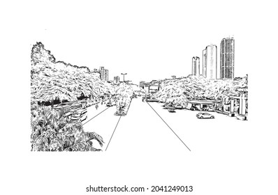 Building view with landmark of Hanoi is the 
capital of Vietnam. Hand drawn sketch illustration in vector.