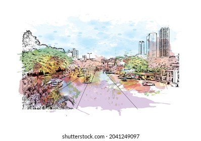 Building view with landmark of Hanoi is the 
capital of Vietnam. Watercolor splash with hand drawn sketch illustration in vector.
