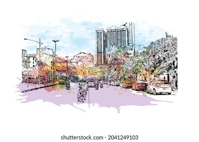 Building view with landmark of Hanoi is the 
capital of Vietnam. Watercolor splash with hand drawn sketch illustration in vector.