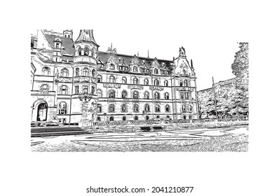 Building  view with landmark of Hanover is the 
city in Germany. Hand drawn sketch illustration in vector.