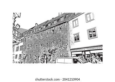 Building  view with landmark of Hanover is the 
city in Germany. Hand drawn sketch illustration in vector.