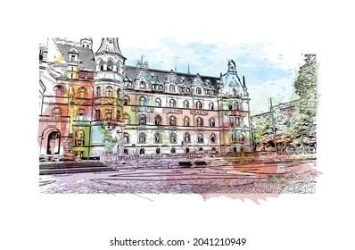 Building  view with landmark of Hanover is the 
city in Germany. Watercolor splash with hand drawn sketch illustration in vector.