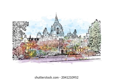 Building  view with landmark of Hanover is the 
city in Germany. Watercolor splash with hand drawn sketch illustration in vector.