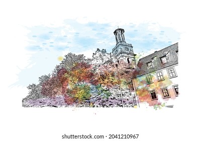 Building  view with landmark of Hanover is the 
city in Germany. Watercolor splash with hand drawn sketch illustration in vector.