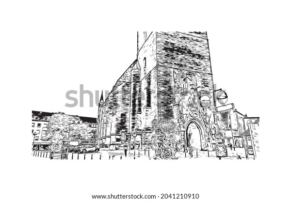 Building  view with\
landmark of Hanover is the \
city in Germany. Hand drawn sketch\
illustration in\
vector.