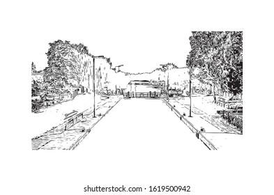 Building view with landmark of Hanover or Hannover is the capital of and largest city in the state of Lower Saxony. Hand drawn sketch illustration in vector.