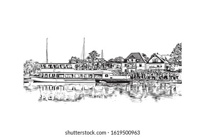 Building view with landmark of Hanover or Hannover is the capital of and largest city in the state of Lower Saxony. Hand drawn sketch illustration in vector.