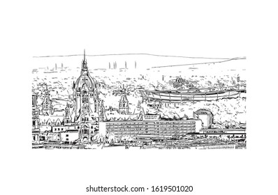 Building view with landmark of Hanover or Hannover is the capital of and largest city in the state of Lower Saxony. Hand drawn sketch illustration in vector.