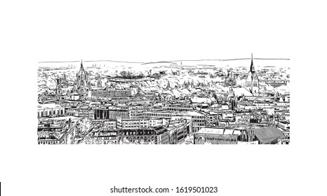 Building view with landmark of Hanover or Hannover is the capital of and largest city in the state of Lower Saxony. Hand drawn sketch illustration in vector.