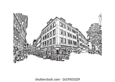 Building view with landmark of Hanover or Hannover is the capital of and largest city in the state of Lower Saxony. Hand drawn sketch illustration in vector.