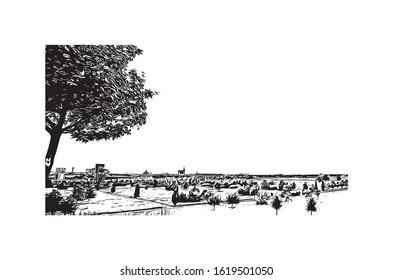 Building view with landmark of Hanover or Hannover is the capital of and largest city in the state of Lower Saxony. Hand drawn sketch illustration in vector.