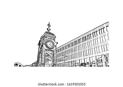 Building view with landmark of Hanover or Hannover is the capital of and largest city in the state of Lower Saxony. Hand drawn sketch illustration in vector.