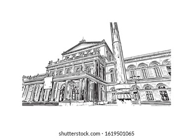 Building view with landmark of Hanover or Hannover is the capital of and largest city in the state of Lower Saxony. Hand drawn sketch illustration in vector.