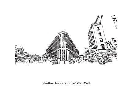 Building view with landmark of Hanover or Hannover is the capital of and largest city in the state of Lower Saxony. Hand drawn sketch illustration in vector.