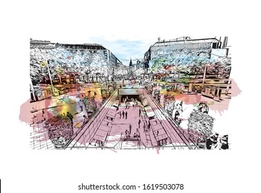 Building view with landmark of Hanover or Hannover is the capital of and largest city in the state of Lower Saxony. Watercolor splash with Hand drawn sketch illustration in vector.