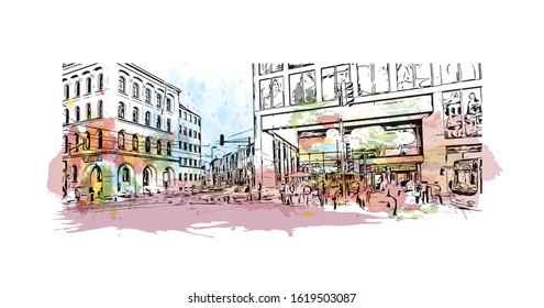 Building view with landmark of Hanover or Hannover is the capital of and largest city in the state of Lower Saxony. Watercolor splash with Hand drawn sketch illustration in vector.