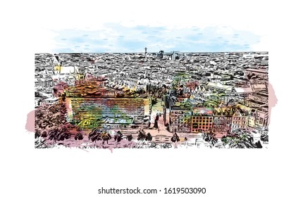 Building view with landmark of Hanover or Hannover is the capital of and largest city in the state of Lower Saxony. Watercolor splash with Hand drawn sketch illustration in vector.