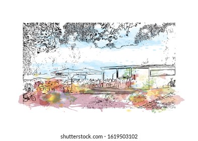 Building view with landmark of Hanover or Hannover is the capital of and largest city in the state of Lower Saxony. Watercolor splash with Hand drawn sketch illustration in vector.