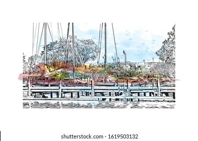Building view with landmark of Hanover or Hannover is the capital of and largest city in the state of Lower Saxony. Watercolor splash with Hand drawn sketch illustration in vector.