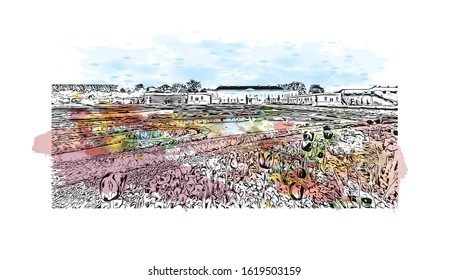 Building view with landmark of Hanover or Hannover is the capital of and largest city in the state of Lower Saxony. Watercolor splash with Hand drawn sketch illustration in vector.